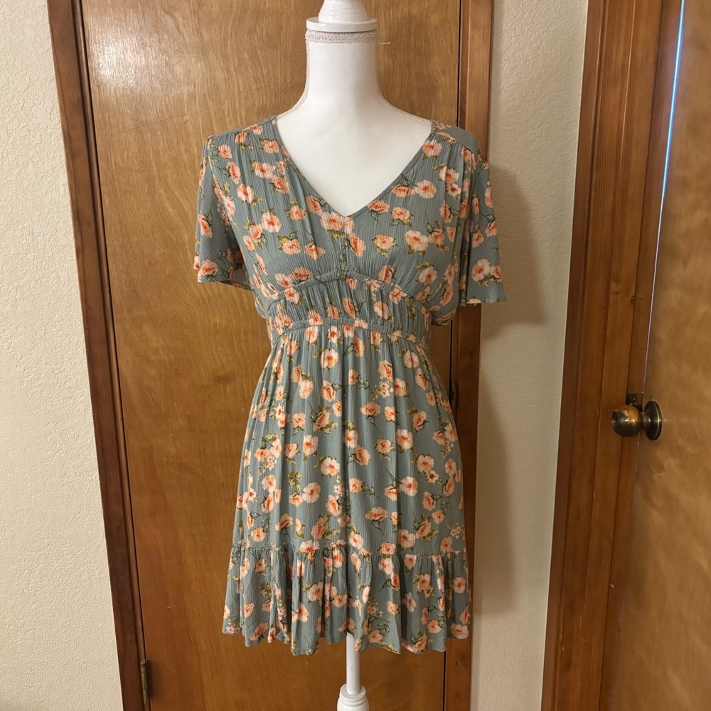 Rewind Sage Green Floral Mini Dress with Peach Flowers